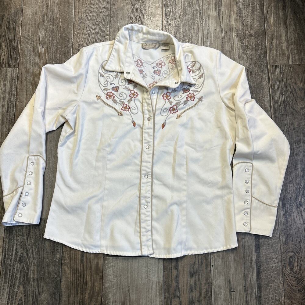 Scully Cream Color Embroidered Horse Flower Womens Long Sleeve Snap Shirt Size L